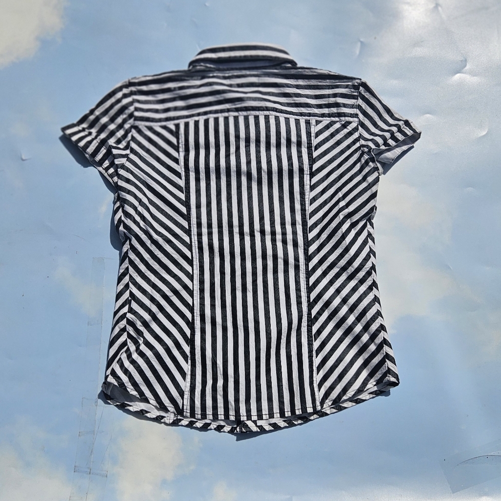 Tripp NYC Black & White Top Y2k Early 2000s Short Sleeve Button Down Goth Tripp - Picture 11 of 12